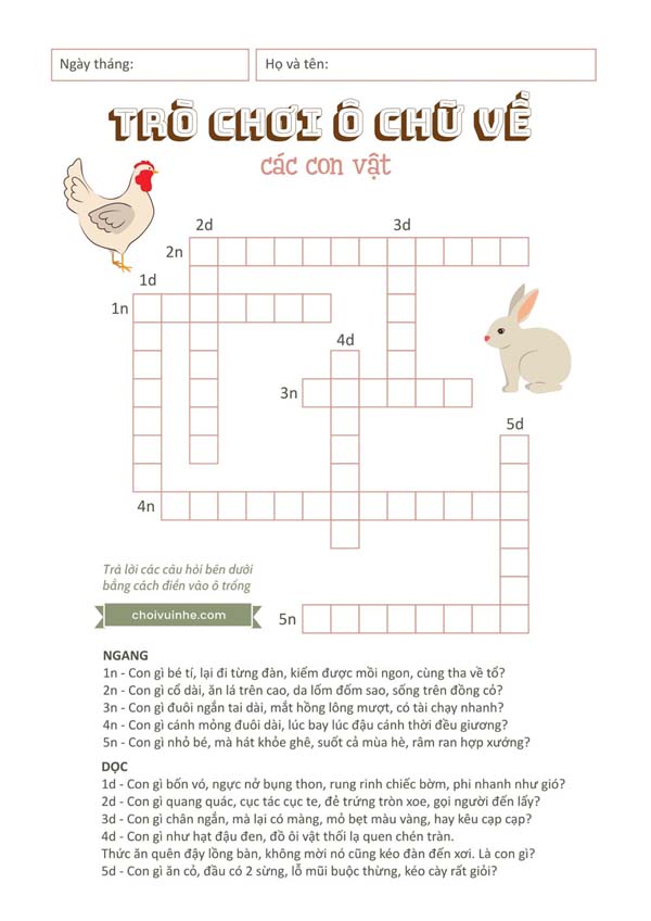 trò chơi ô chữ về các con vật